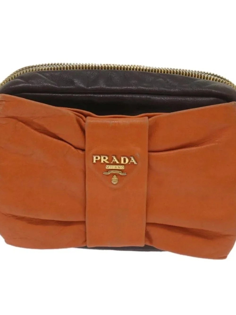 PRADA Ribbon Shoulder Bag Leather Orange Brown Auth 69111 - Picture 10 of 14